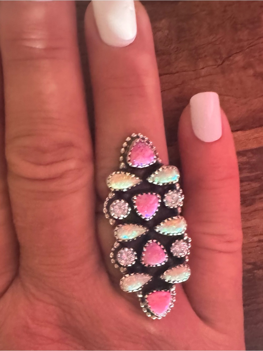 Statement champagne and hot Pink opal crawler Ring - adjustable sterling silver - Picture 2 of 5